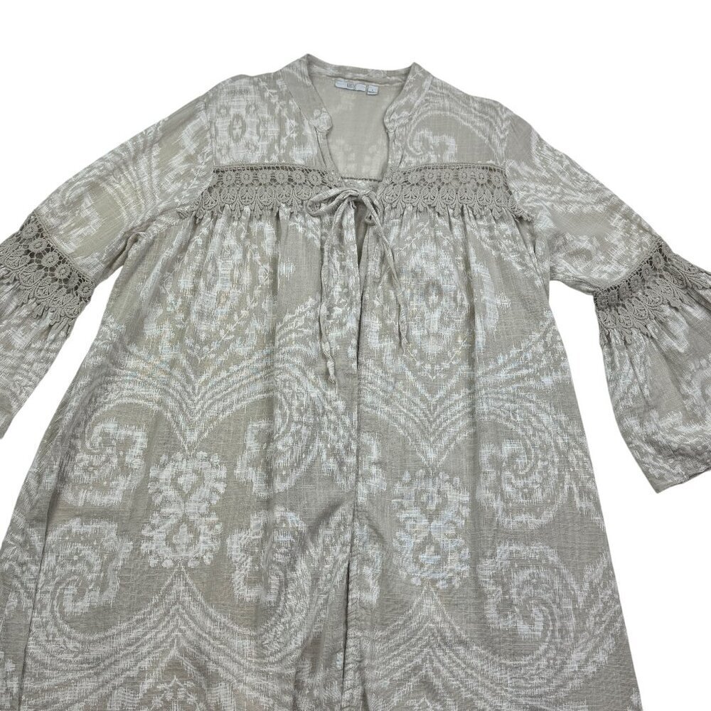 Kaktus Tan Longline Cotton Open Front Ruffle Sleeve Lace Inlay Kimono Cardigan